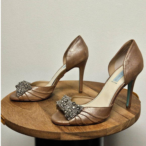 Betsy Johnson Bronze Jeweled Prom Rhinestone Open Toe Wedding Heels Size 10 - Picture 3 of 6